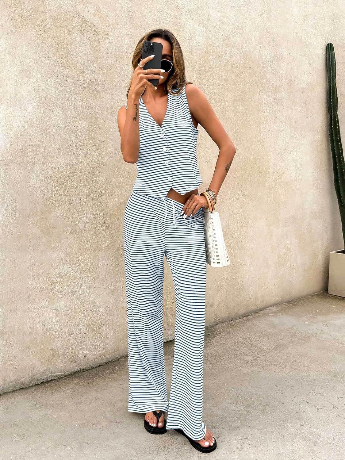 imageTankaneo Womens 2 Piece Striped Sets Sleeveless V Neck Button Vest and Drawstring Pants Lounge SetBlue