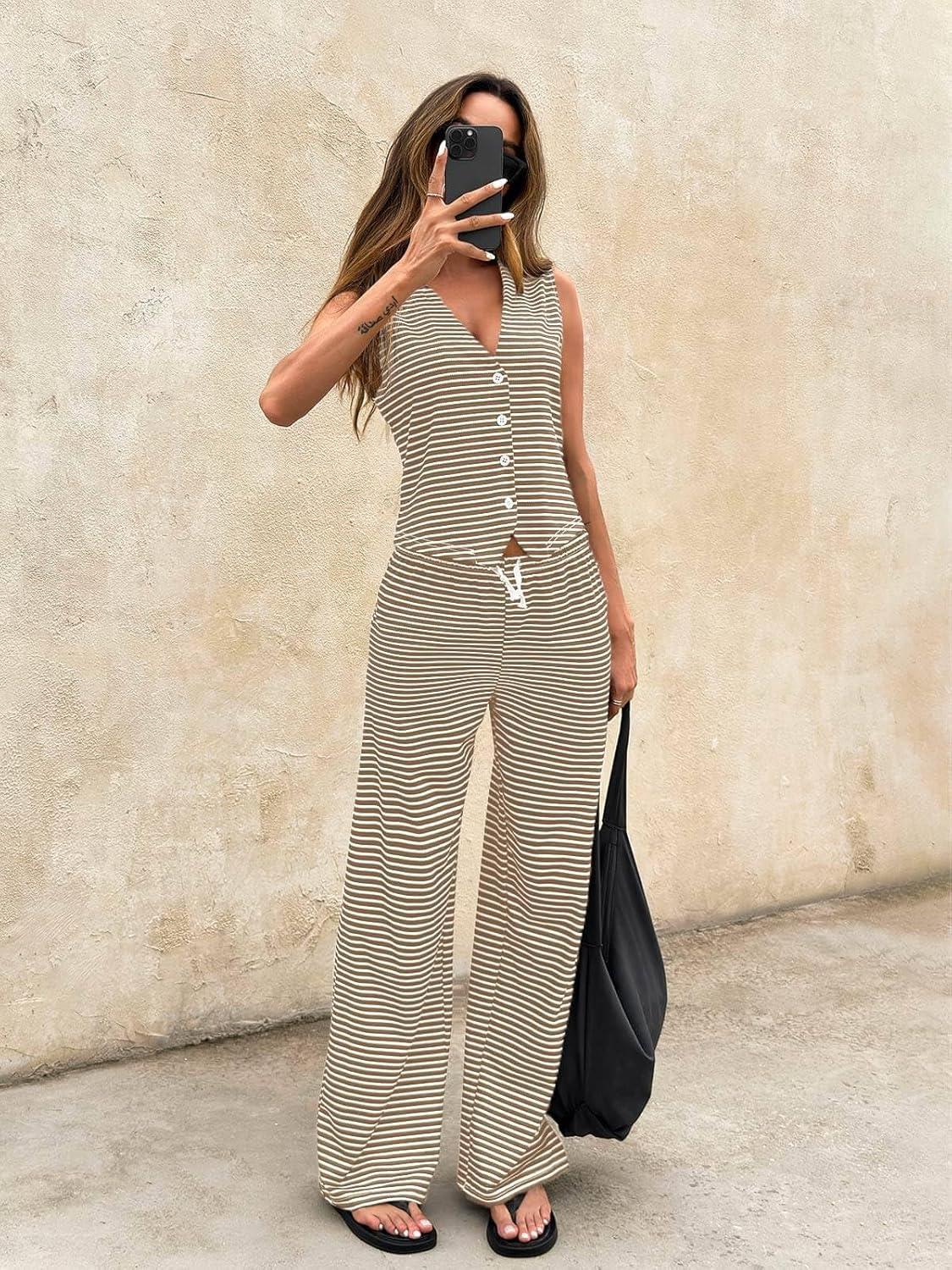 imageTankaneo Womens 2 Piece Striped Sets Sleeveless V Neck Button Vest and Drawstring Pants Lounge SetKhaki
