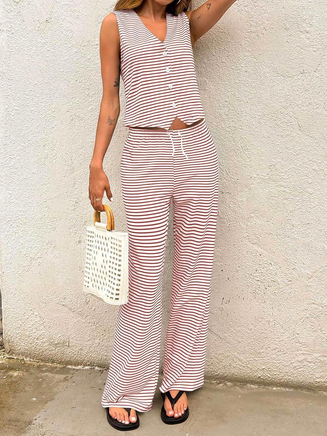 imageTankaneo Womens 2 Piece Striped Sets Sleeveless V Neck Button Vest and Drawstring Pants Lounge SetRed