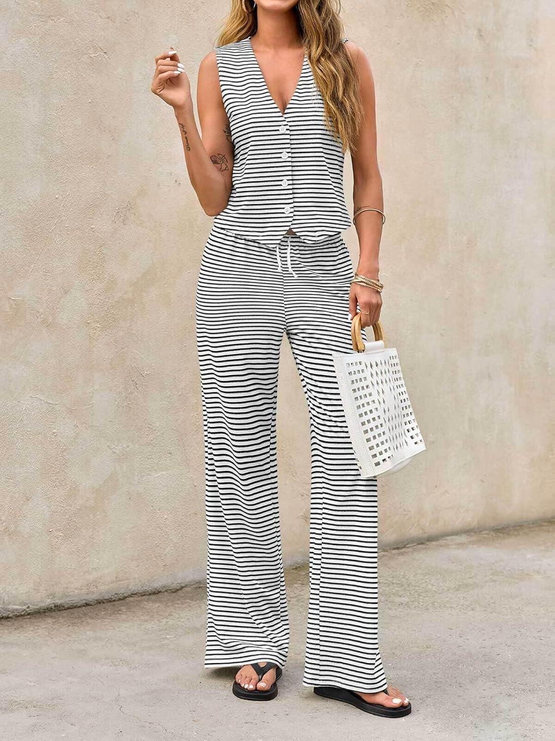 imageTankaneo Womens 2 Piece Striped Sets Sleeveless V Neck Button Vest and Drawstring Pants Lounge SetWhite