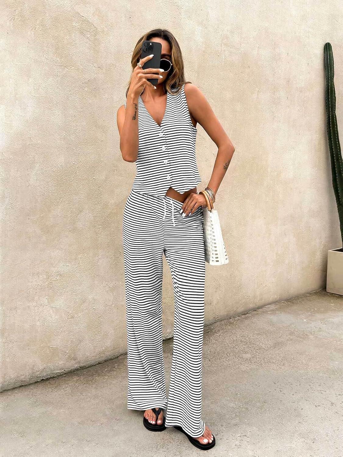 imageTankaneo Womens 2 Piece Striped Sets Sleeveless V Neck Button Vest and Drawstring Pants Lounge SetWhite