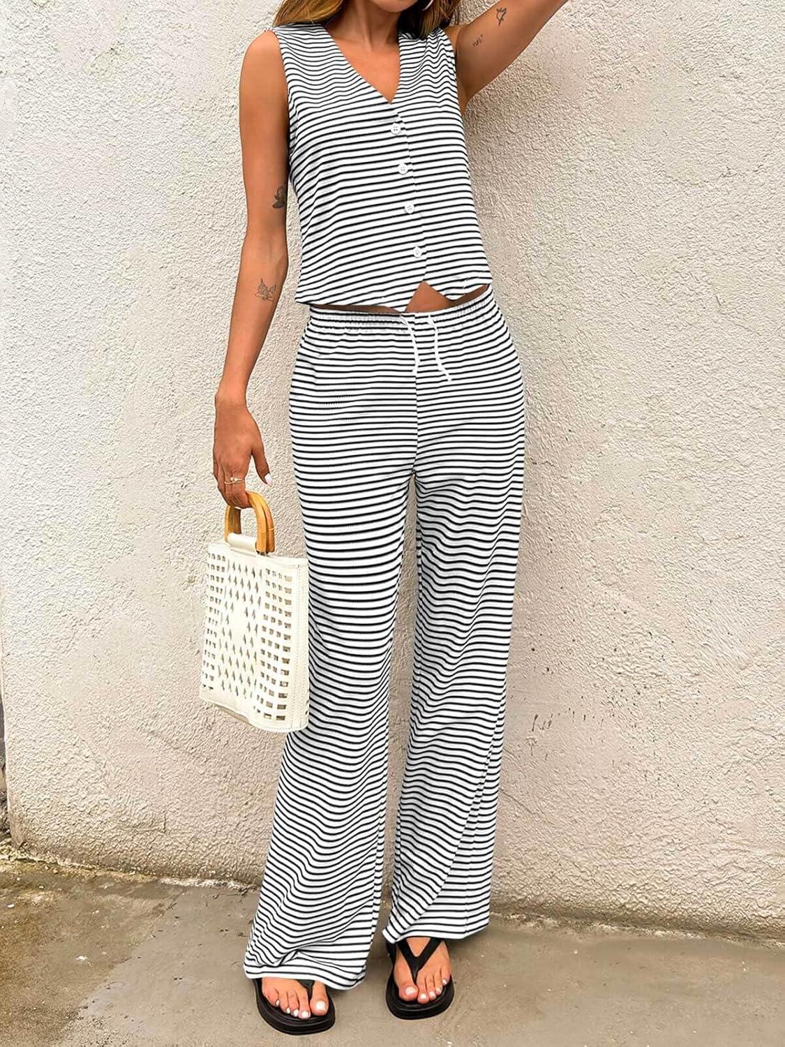 imageTankaneo Womens 2 Piece Striped Sets Sleeveless V Neck Button Vest and Drawstring Pants Lounge SetWhite