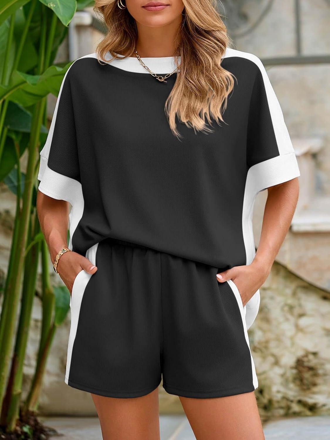 imageTankaneo Womens 2 Piece Summer Outfits Oversized Short Sleeve Tops and Shorts Matching Sets Color Block Lounge SetBlack