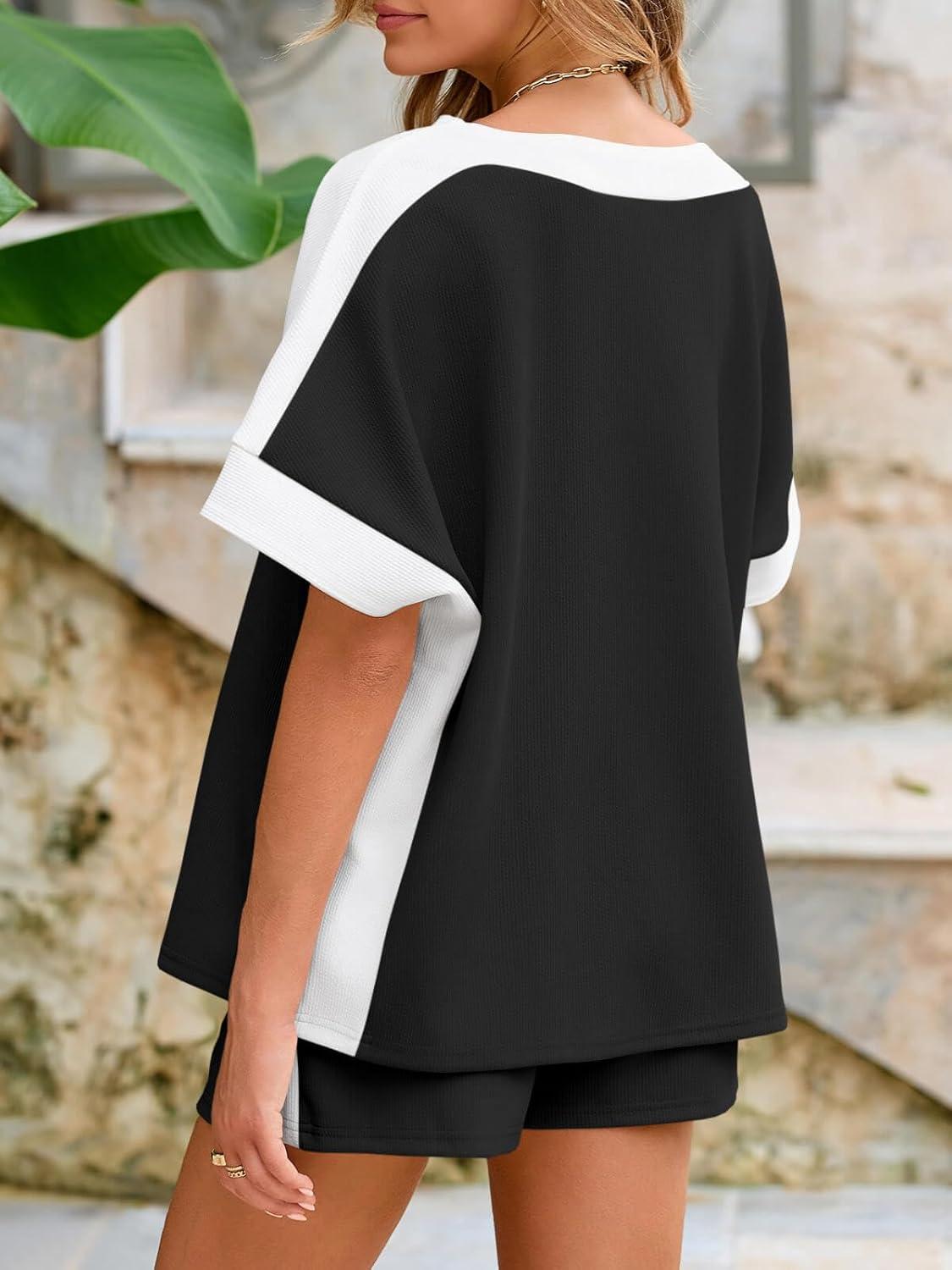 imageTankaneo Womens 2 Piece Summer Outfits Oversized Short Sleeve Tops and Shorts Matching Sets Color Block Lounge SetBlack