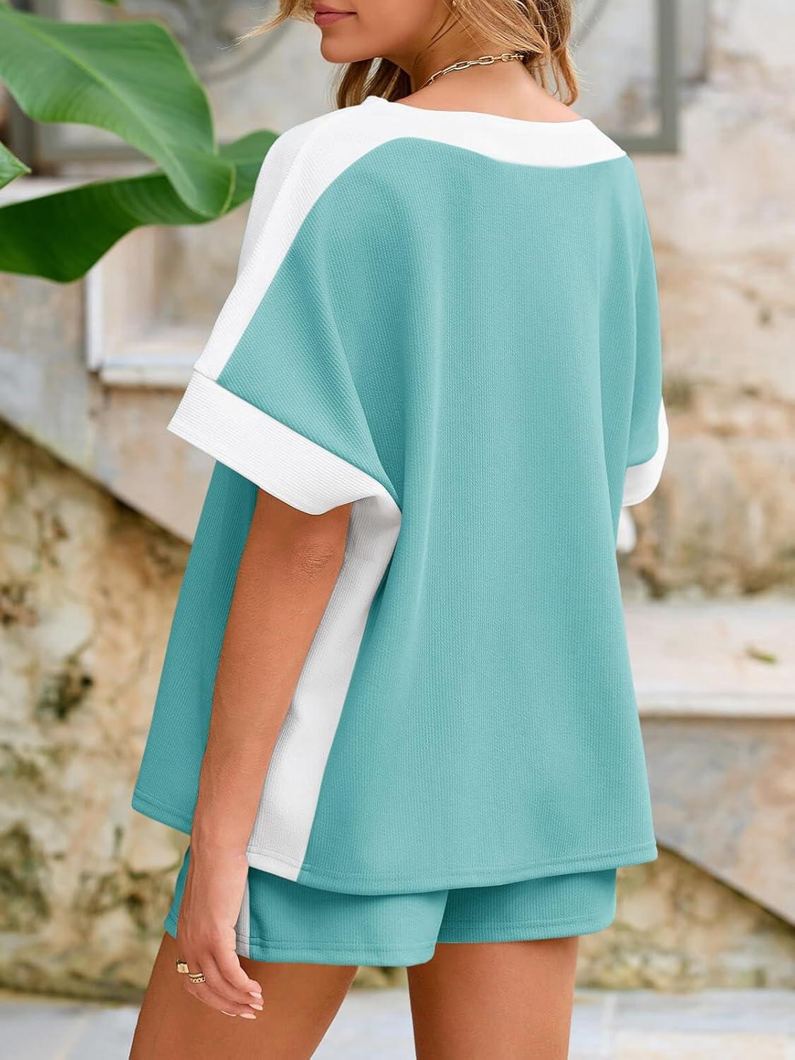 imageTankaneo Womens 2 Piece Summer Outfits Oversized Short Sleeve Tops and Shorts Matching Sets Color Block Lounge SetBluegreen