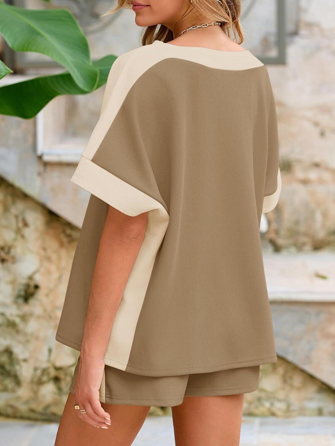 imageTankaneo Womens 2 Piece Summer Outfits Oversized Short Sleeve Tops and Shorts Matching Sets Color Block Lounge SetBrown