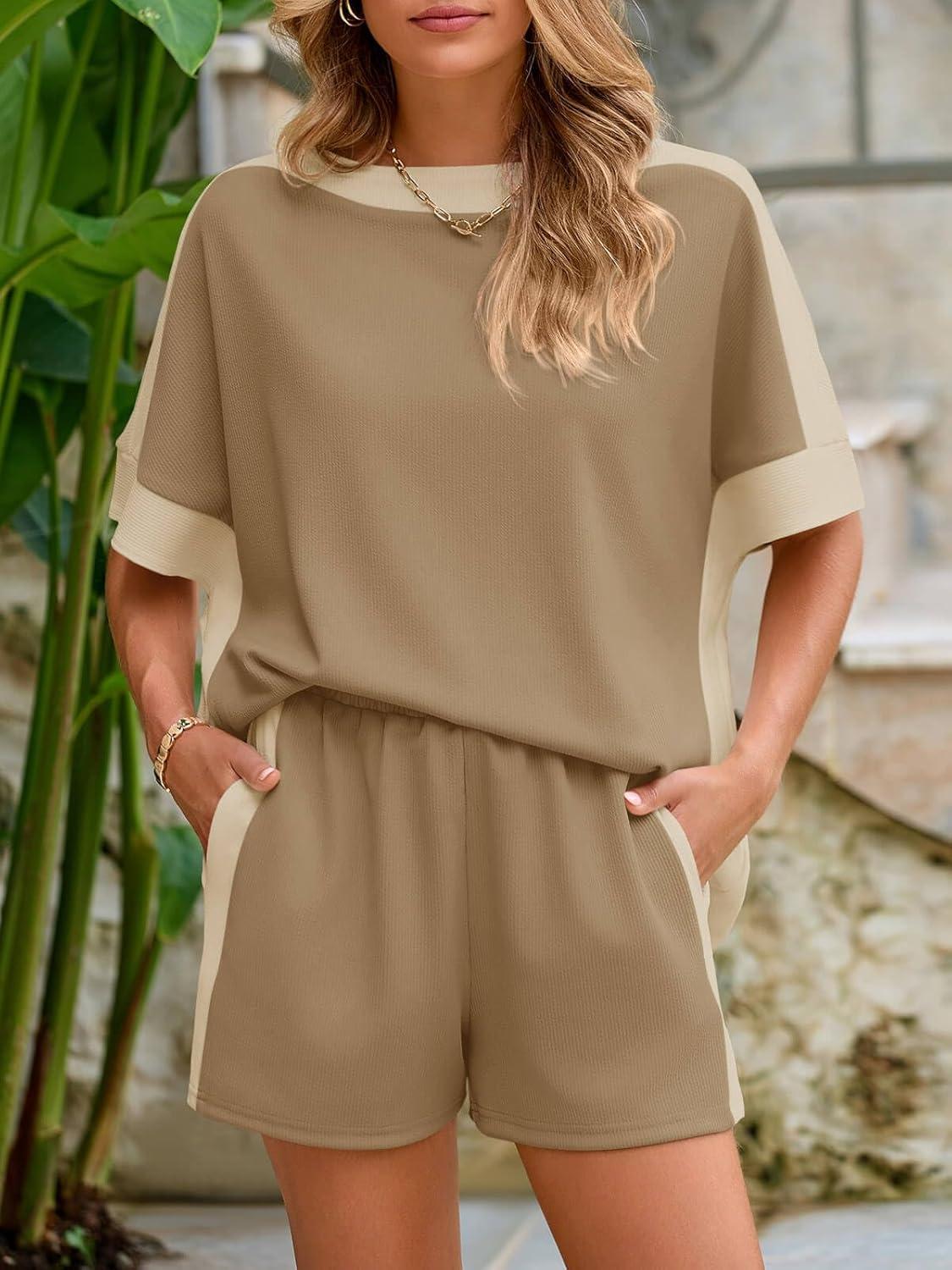 imageTankaneo Womens 2 Piece Summer Outfits Oversized Short Sleeve Tops and Shorts Matching Sets Color Block Lounge SetBrown