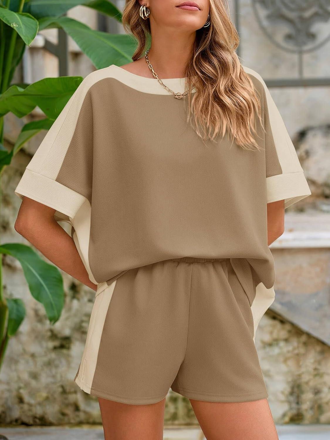imageTankaneo Womens 2 Piece Summer Outfits Oversized Short Sleeve Tops and Shorts Matching Sets Color Block Lounge SetBrown