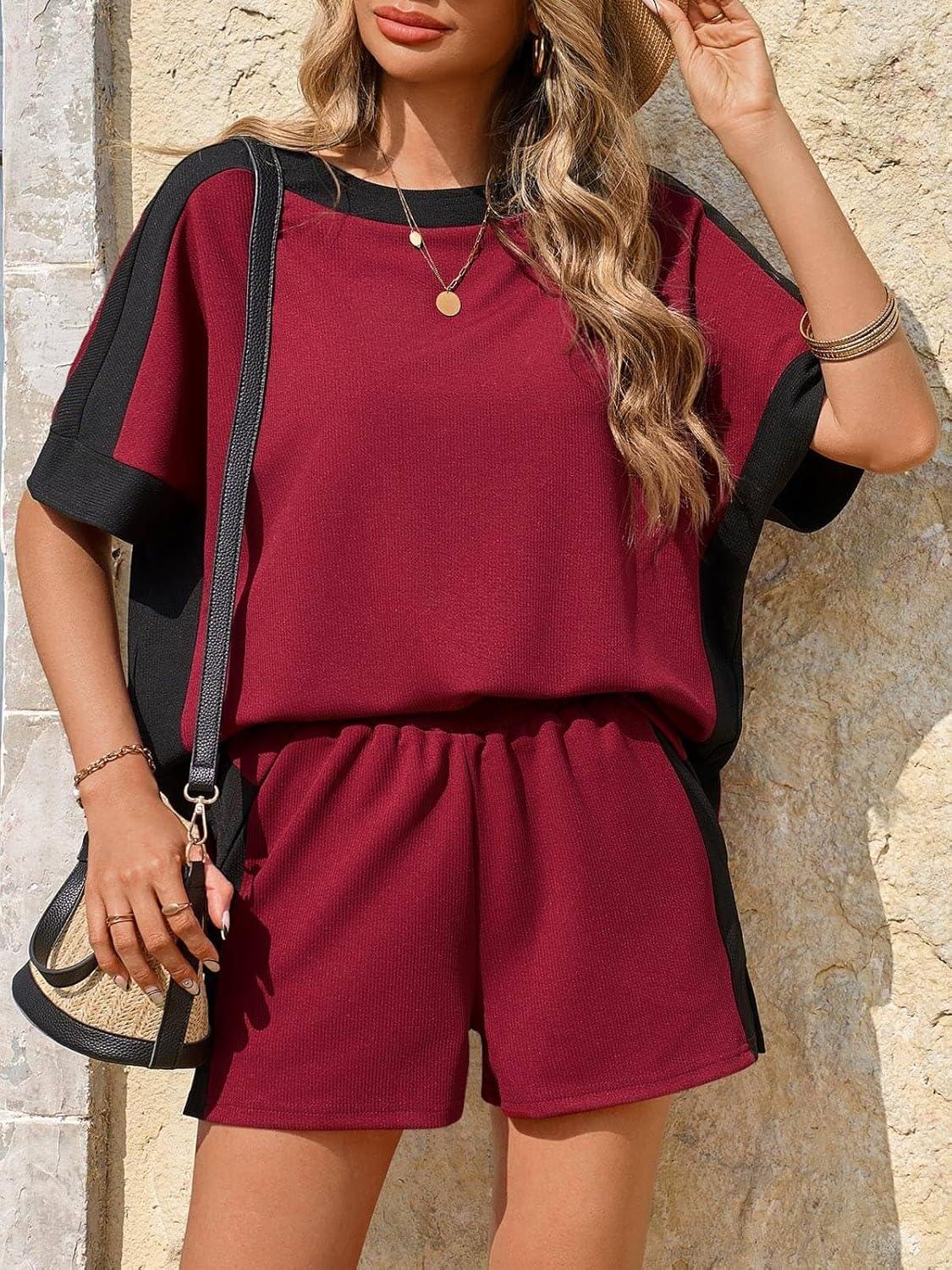 imageTankaneo Womens 2 Piece Summer Outfits Oversized Short Sleeve Tops and Shorts Matching Sets Color Block Lounge SetBurgundy