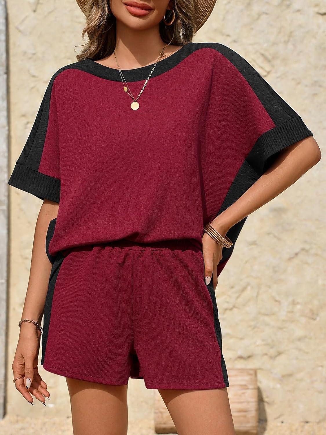imageTankaneo Womens 2 Piece Summer Outfits Oversized Short Sleeve Tops and Shorts Matching Sets Color Block Lounge SetBurgundy