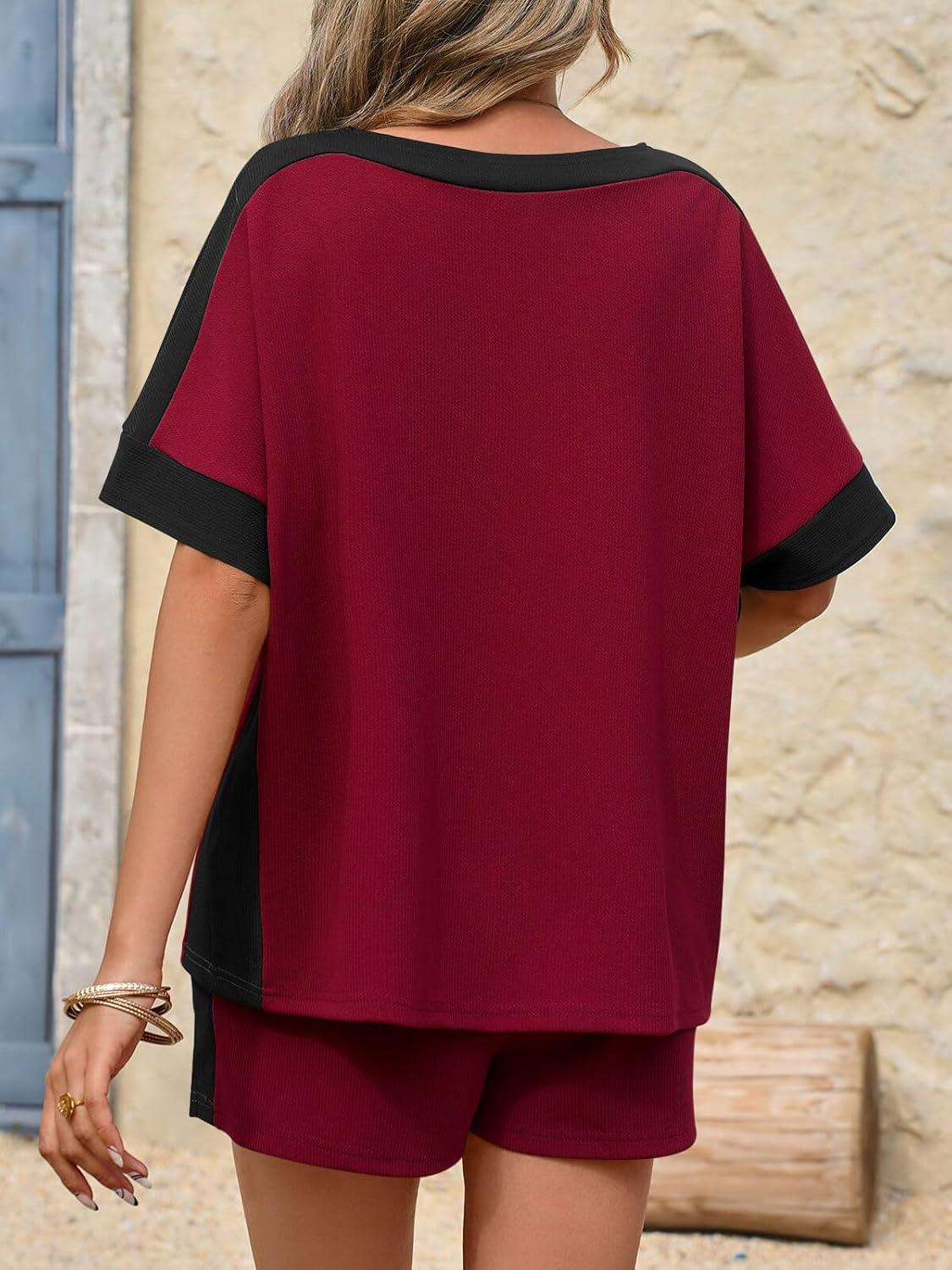 imageTankaneo Womens 2 Piece Summer Outfits Oversized Short Sleeve Tops and Shorts Matching Sets Color Block Lounge SetBurgundy