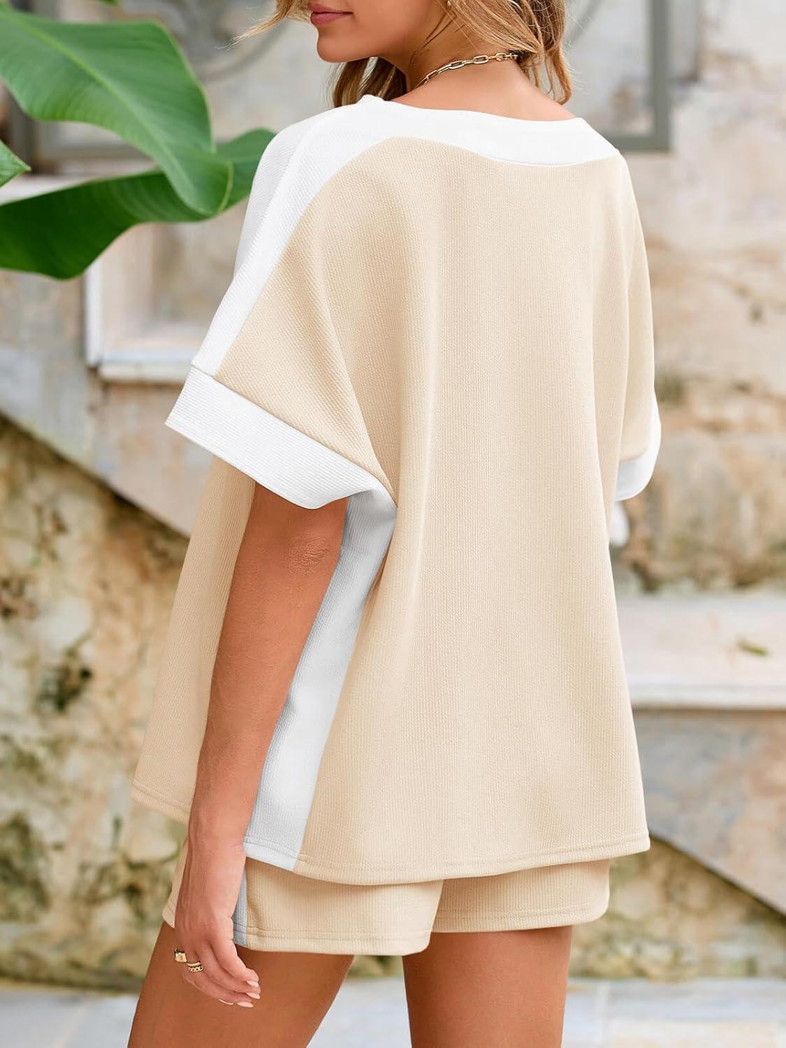 imageTankaneo Womens 2 Piece Summer Outfits Oversized Short Sleeve Tops and Shorts Matching Sets Color Block Lounge SetKhaki