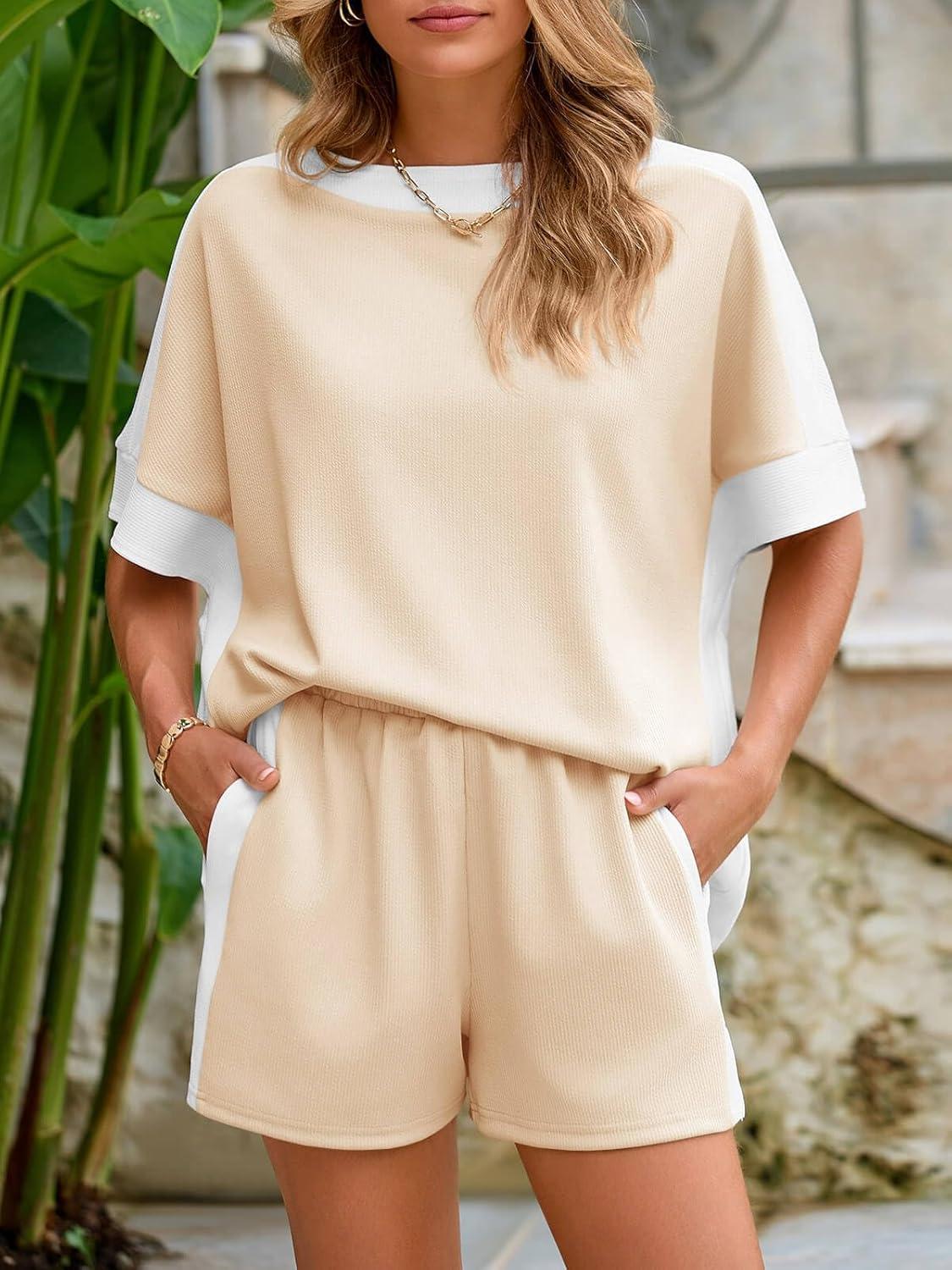 imageTankaneo Womens 2 Piece Summer Outfits Oversized Short Sleeve Tops and Shorts Matching Sets Color Block Lounge SetKhaki