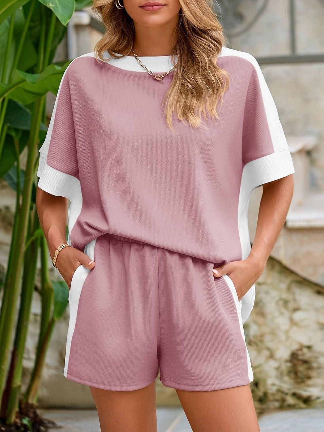 imageTankaneo Womens 2 Piece Summer Outfits Oversized Short Sleeve Tops and Shorts Matching Sets Color Block Lounge SetPink