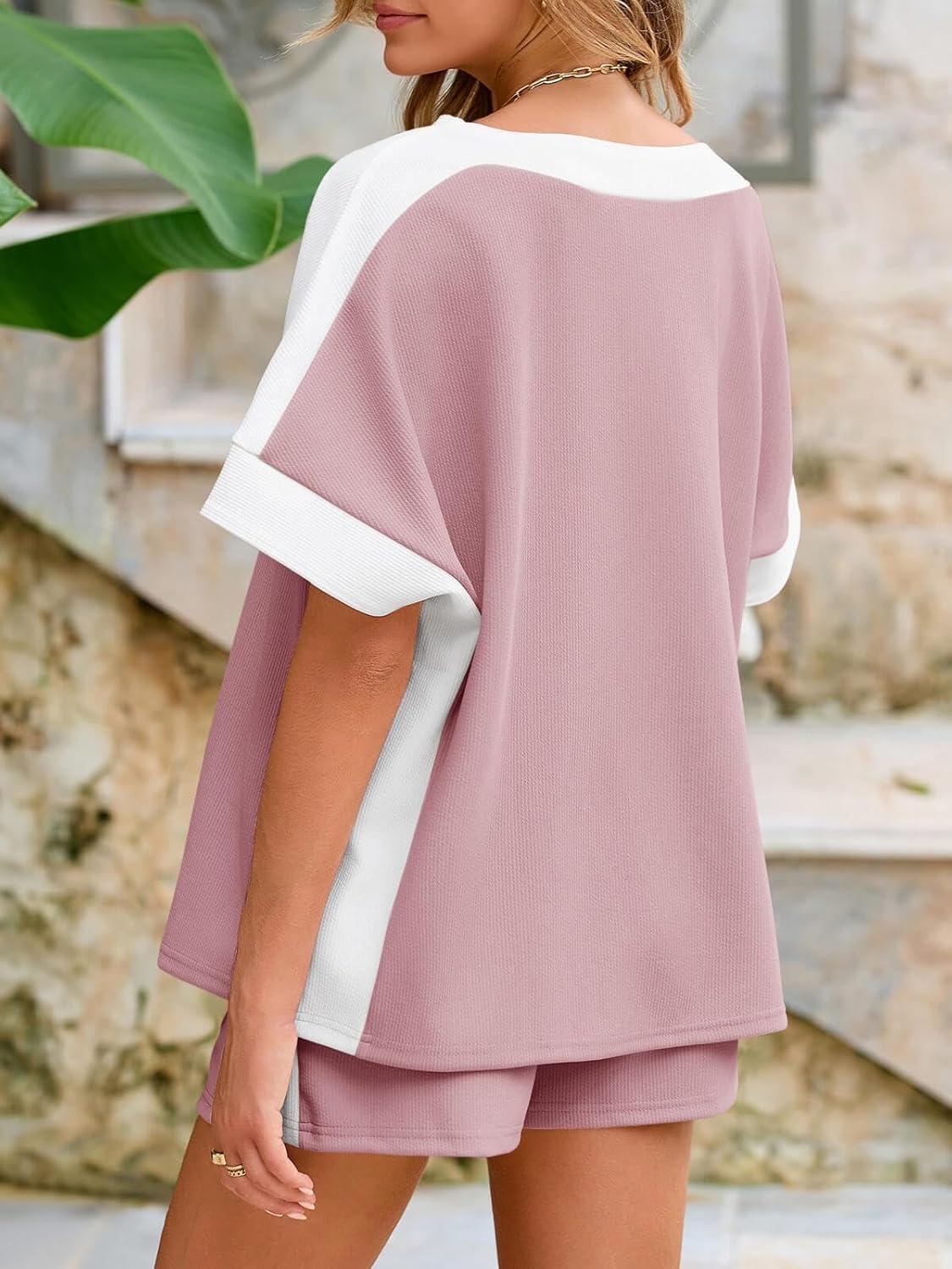 imageTankaneo Womens 2 Piece Summer Outfits Oversized Short Sleeve Tops and Shorts Matching Sets Color Block Lounge SetPink