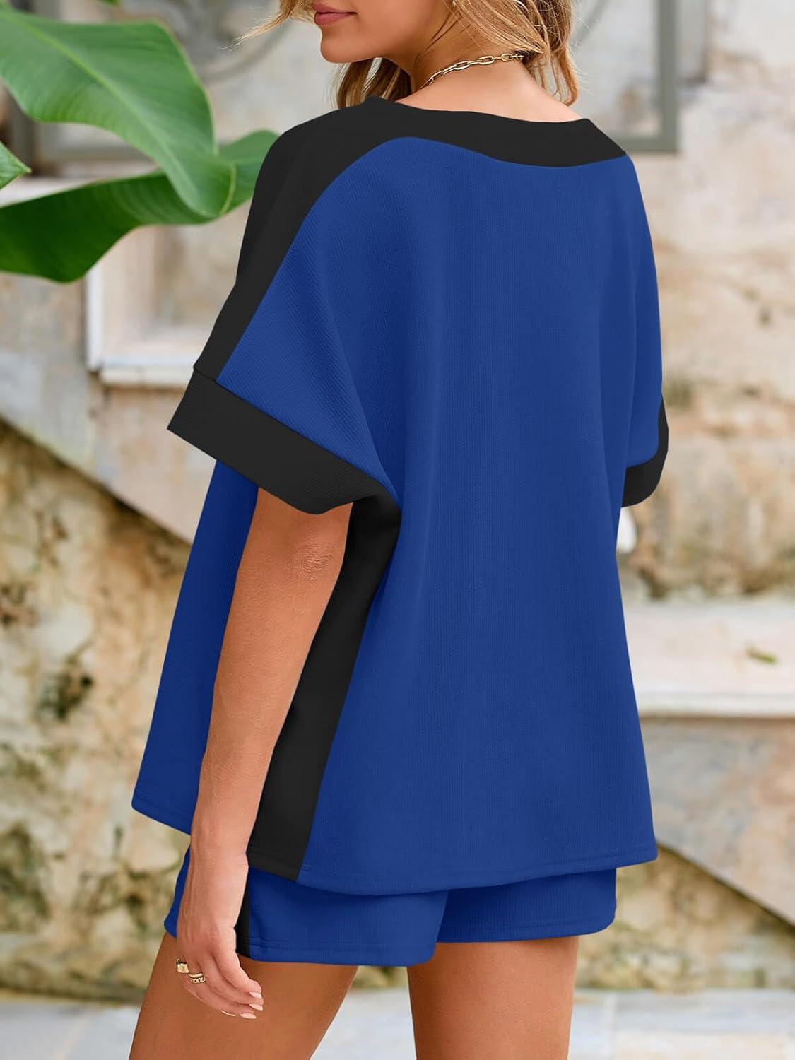 imageTankaneo Womens 2 Piece Summer Outfits Oversized Short Sleeve Tops and Shorts Matching Sets Color Block Lounge SetRoyal Blue