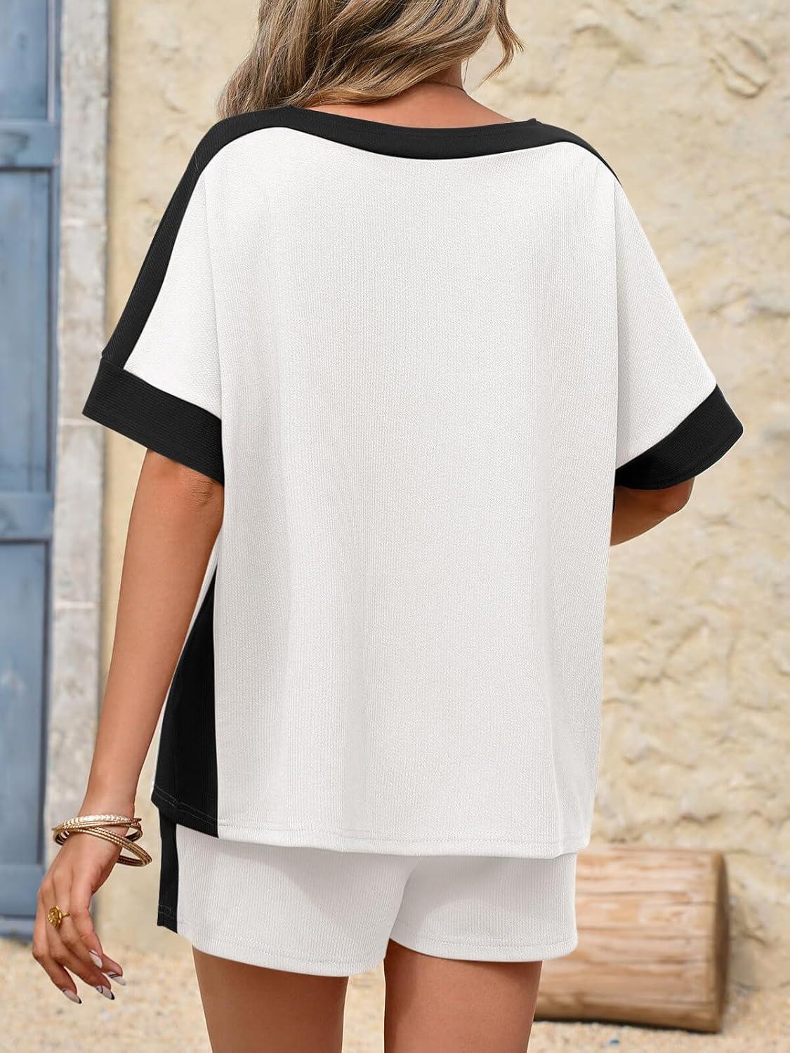 imageTankaneo Womens 2 Piece Summer Outfits Oversized Short Sleeve Tops and Shorts Matching Sets Color Block Lounge SetWhite