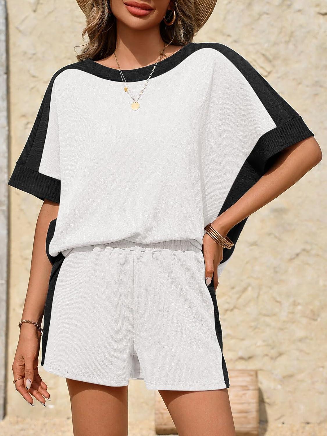 imageTankaneo Womens 2 Piece Summer Outfits Oversized Short Sleeve Tops and Shorts Matching Sets Color Block Lounge SetWhite