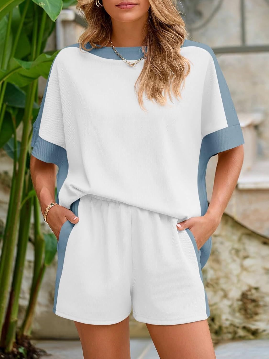 imageTankaneo Womens 2 Piece Summer Outfits Oversized Short Sleeve Tops and Shorts Matching Sets Color Block Lounge SetWhite Blue