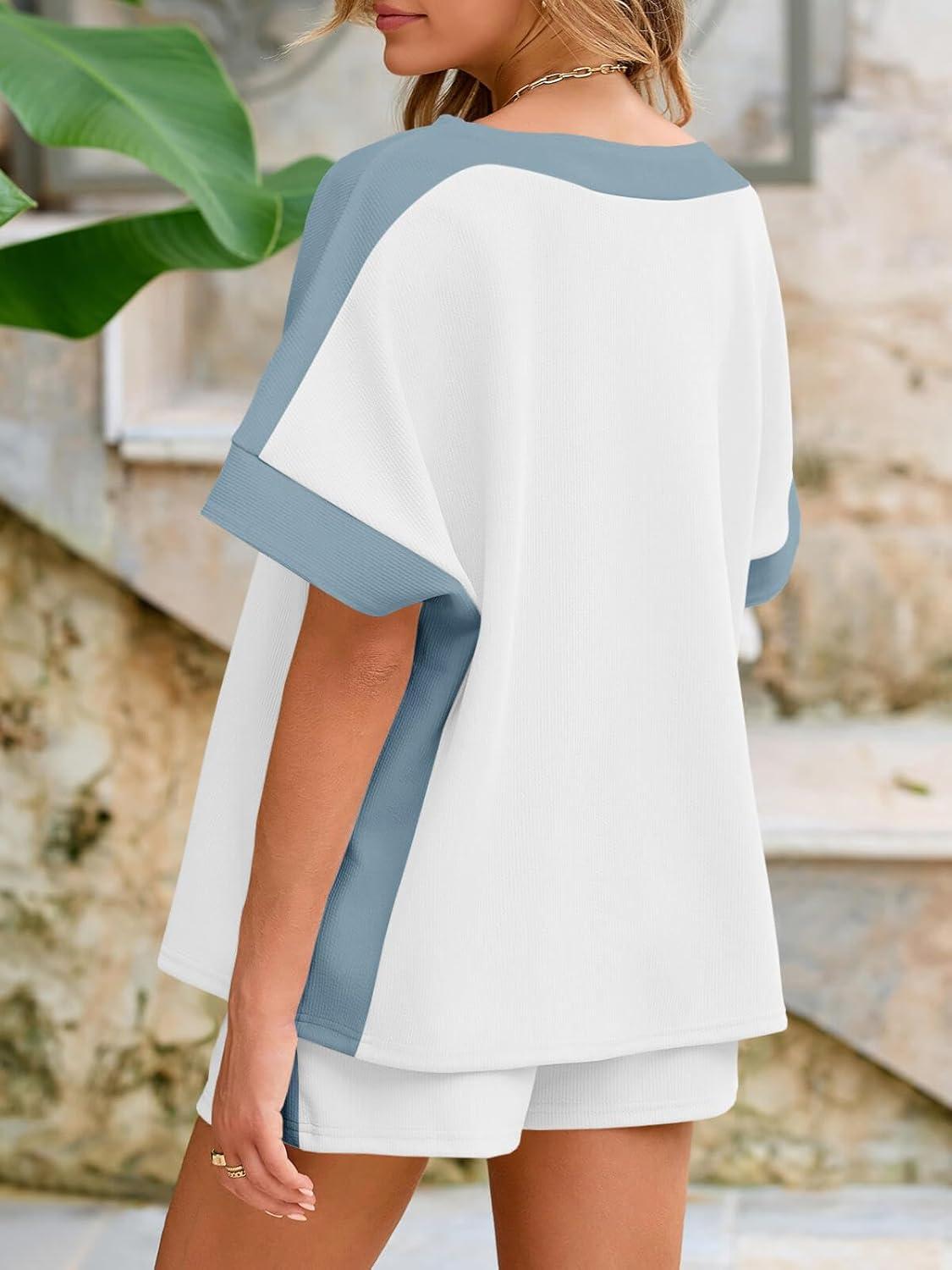 imageTankaneo Womens 2 Piece Summer Outfits Oversized Short Sleeve Tops and Shorts Matching Sets Color Block Lounge SetWhite Blue
