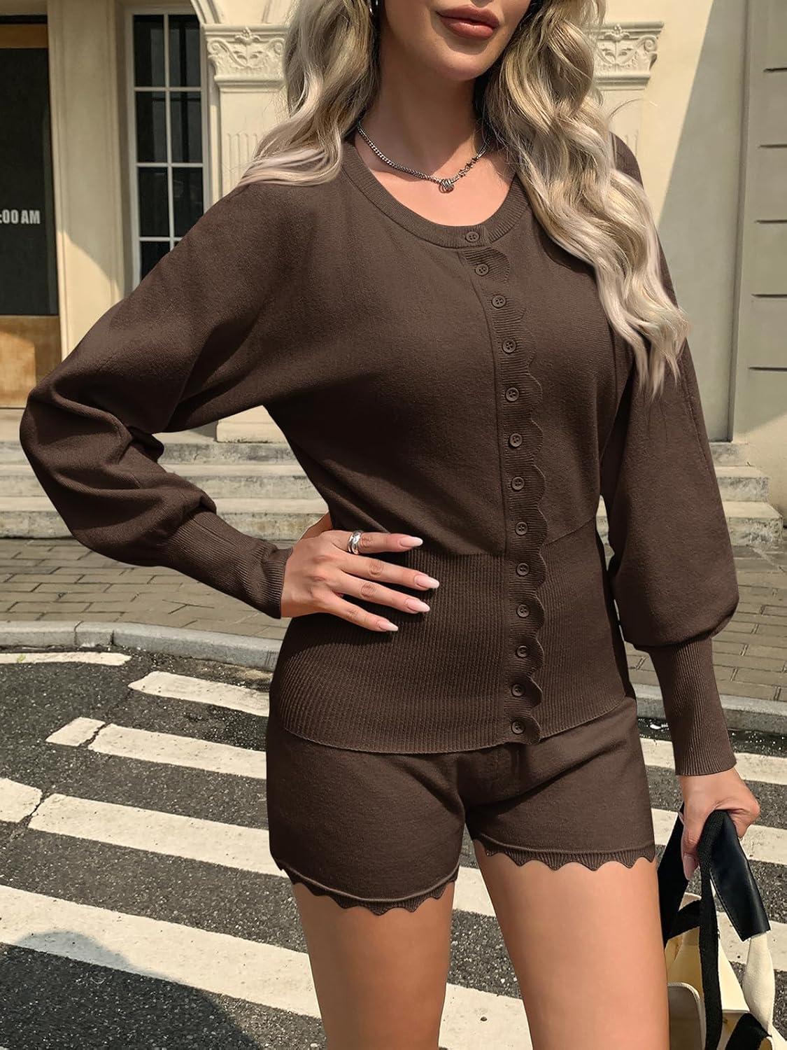 imageTankaneo Womens 2 Piece Sweater Sets Casual Fall Outfits Button Down Long Puff Sleeve Knit Cardigan Shorts LoungewearCoffee