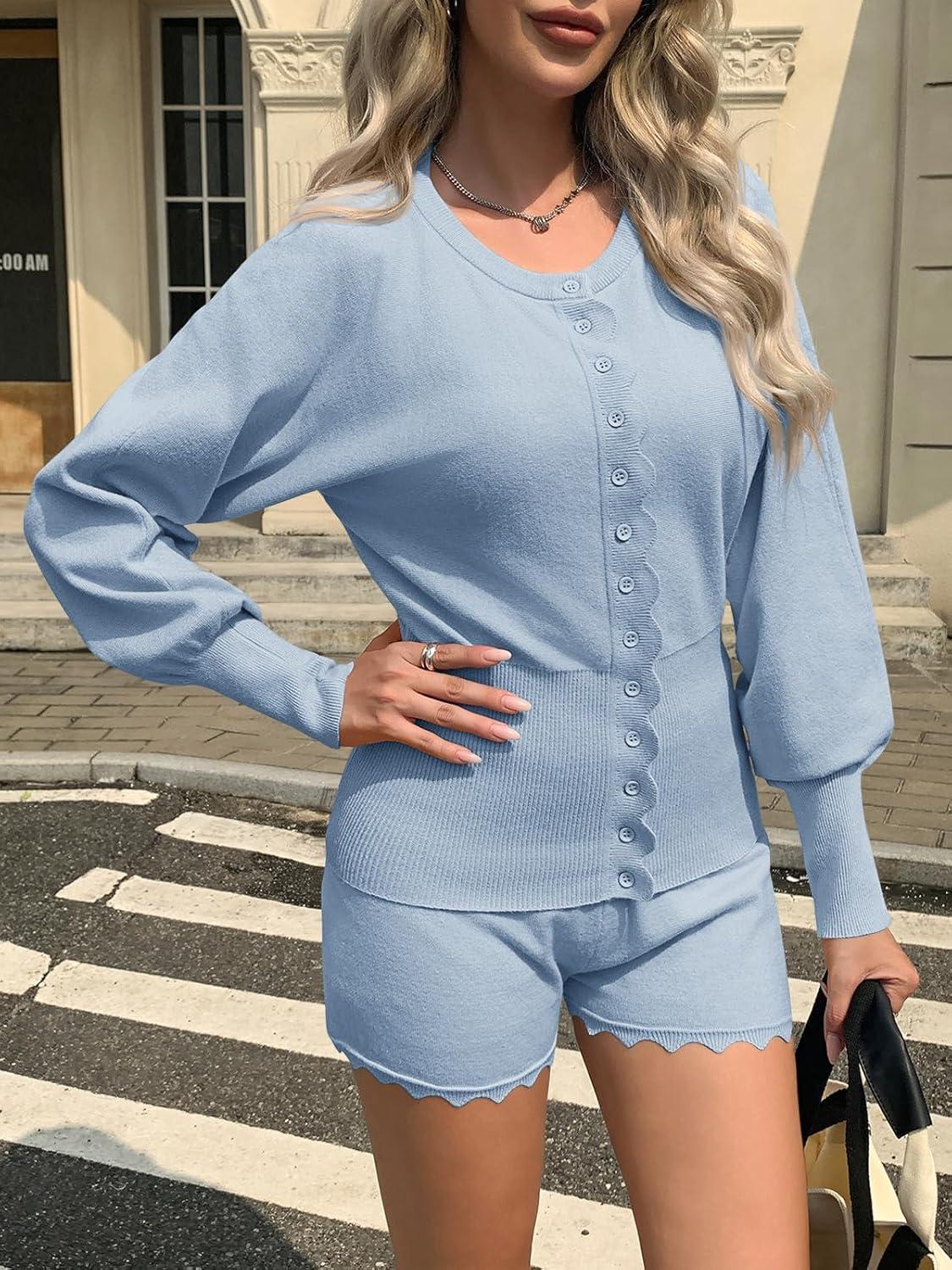 imageTankaneo Womens 2 Piece Sweater Sets Casual Fall Outfits Button Down Long Puff Sleeve Knit Cardigan Shorts LoungewearLight Blue