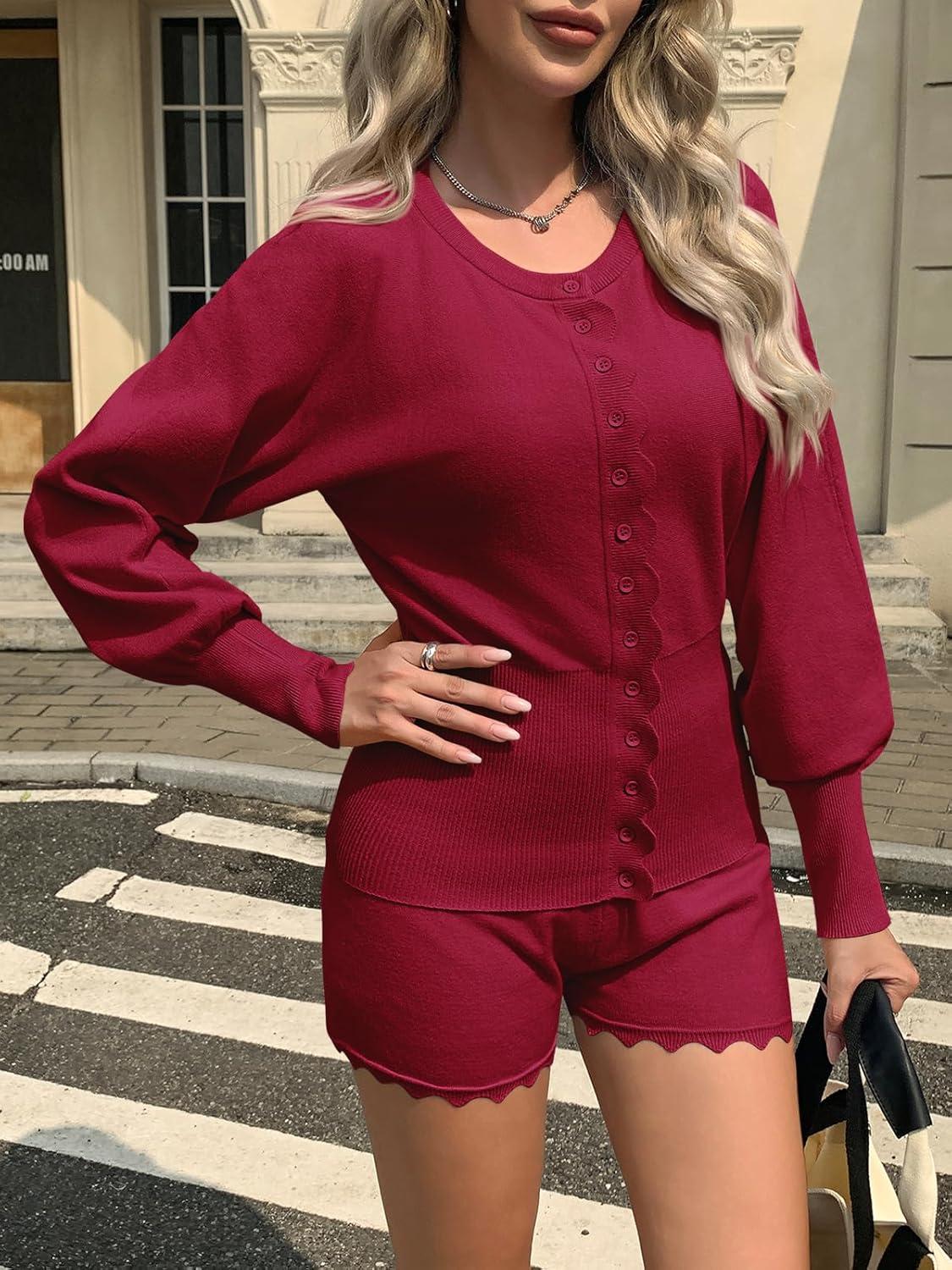 imageTankaneo Womens 2 Piece Sweater Sets Casual Fall Outfits Button Down Long Puff Sleeve Knit Cardigan Shorts LoungewearRed