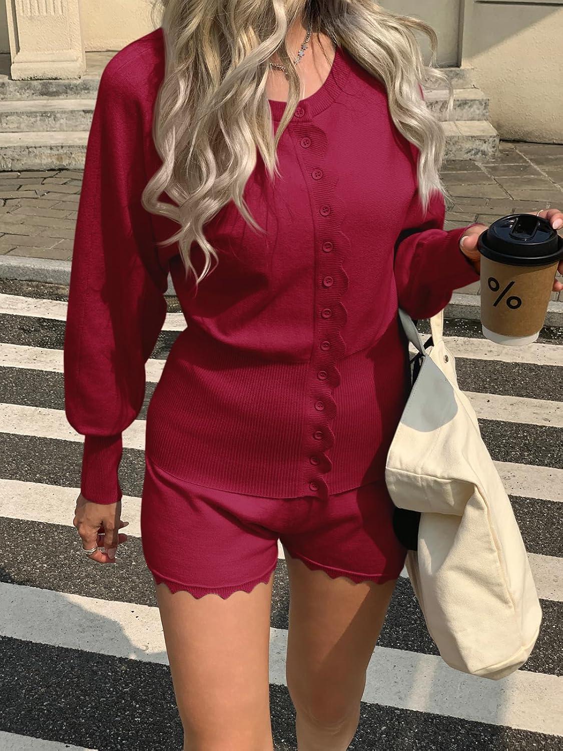 imageTankaneo Womens 2 Piece Sweater Sets Casual Fall Outfits Button Down Long Puff Sleeve Knit Cardigan Shorts LoungewearRed