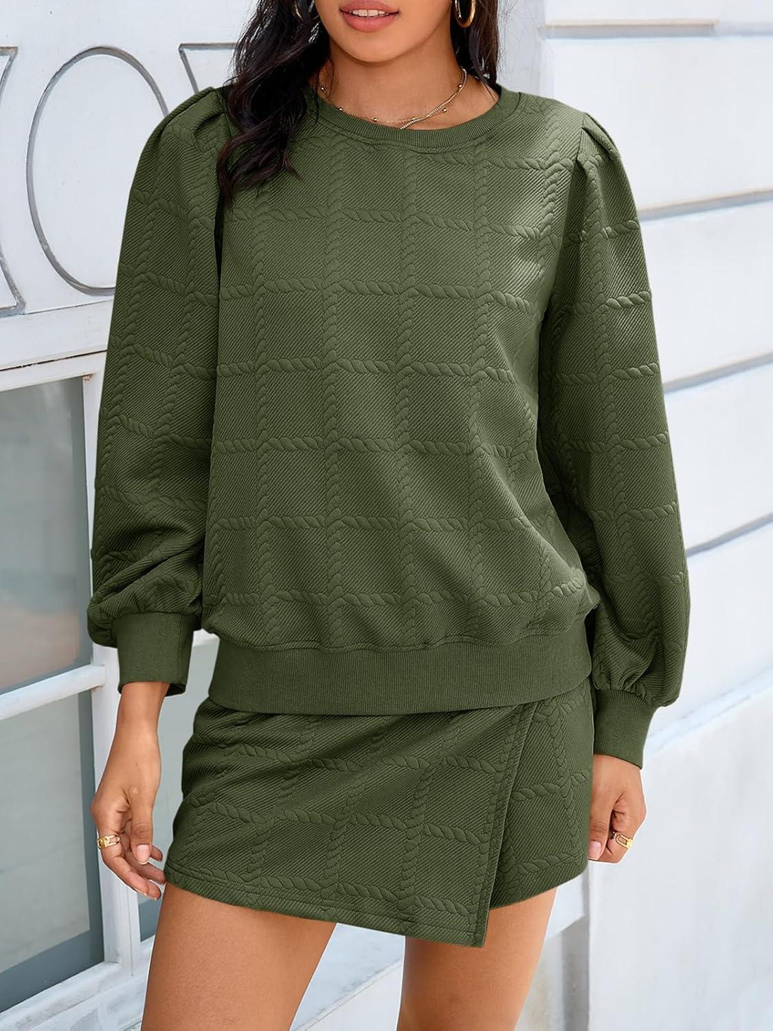 imageTankaneo Womens 2 Piece Sweatshirt Set Lantern Long Sleeve Crewneck Sweatshirts Asymmetric Mini Skorts Textured Lounge SetsArmy Green