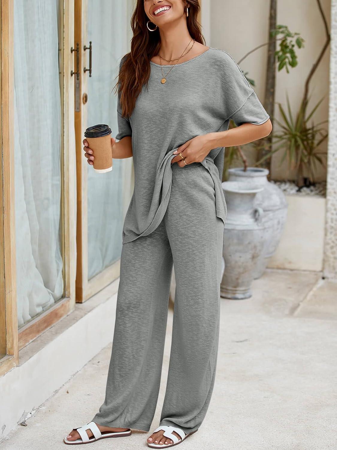 imageTankaneo Womens 2 Piece Travel Outfits Casual Short Sleeve Knit Sweater Set Wide Leg Pants Lounge Sets TracksuitGrey