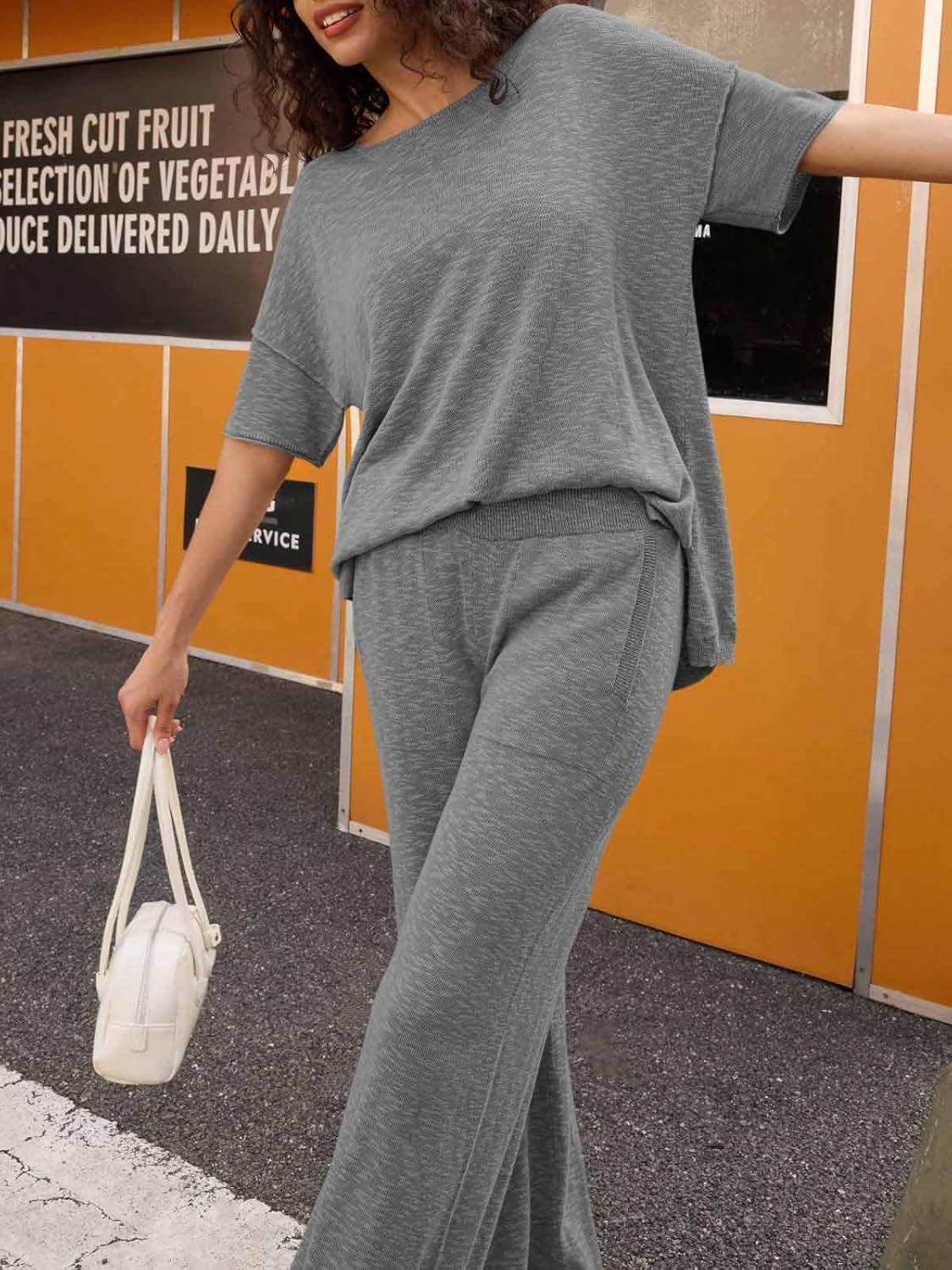 imageTankaneo Womens 2 Piece Travel Outfits Casual Short Sleeve Knit Sweater Set Wide Leg Pants Lounge Sets TracksuitGrey