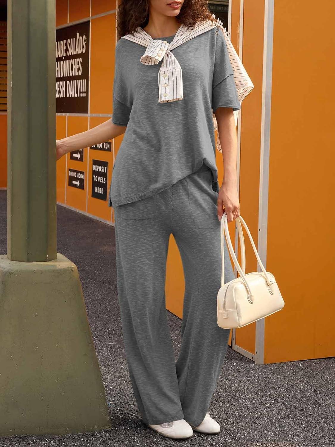 imageTankaneo Womens 2 Piece Travel Outfits Casual Short Sleeve Knit Sweater Set Wide Leg Pants Lounge Sets TracksuitGrey