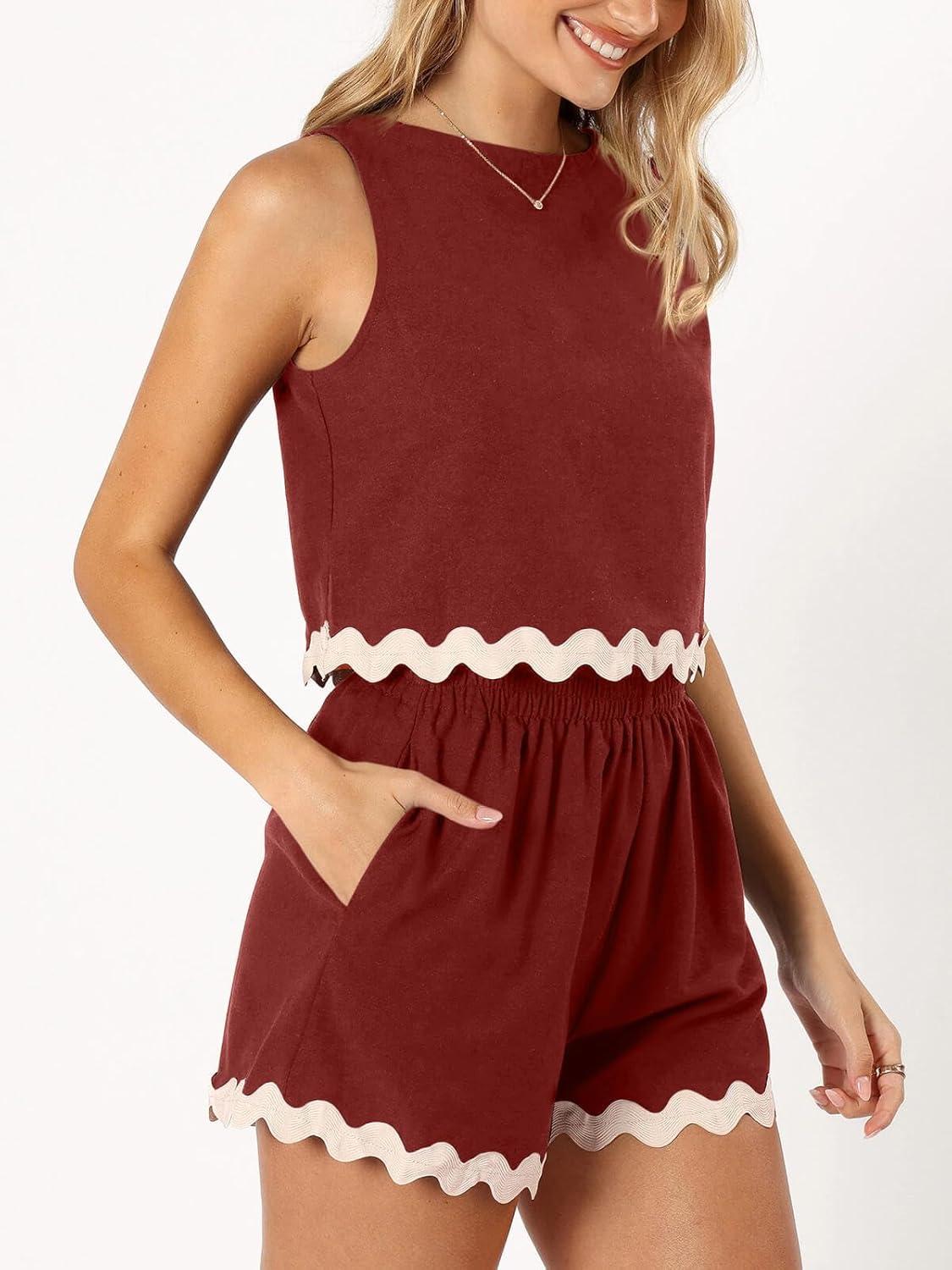 imageTankaneo Womens 2 Piece Vacation Outfits Lounge Sets Casual Cropped Tank Tops Shorts Matching SetWine Red