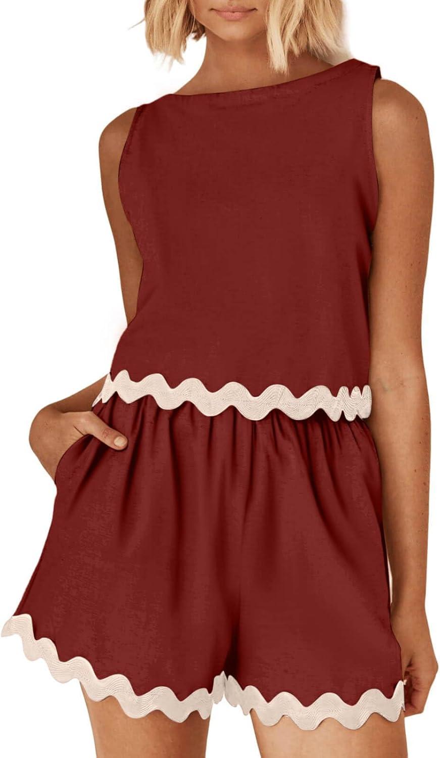 imageTankaneo Womens 2 Piece Vacation Outfits Lounge Sets Casual Cropped Tank Tops Shorts Matching SetWine Red