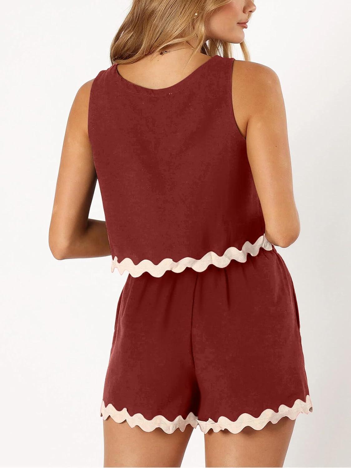 imageTankaneo Womens 2 Piece Vacation Outfits Lounge Sets Casual Cropped Tank Tops Shorts Matching SetWine Red