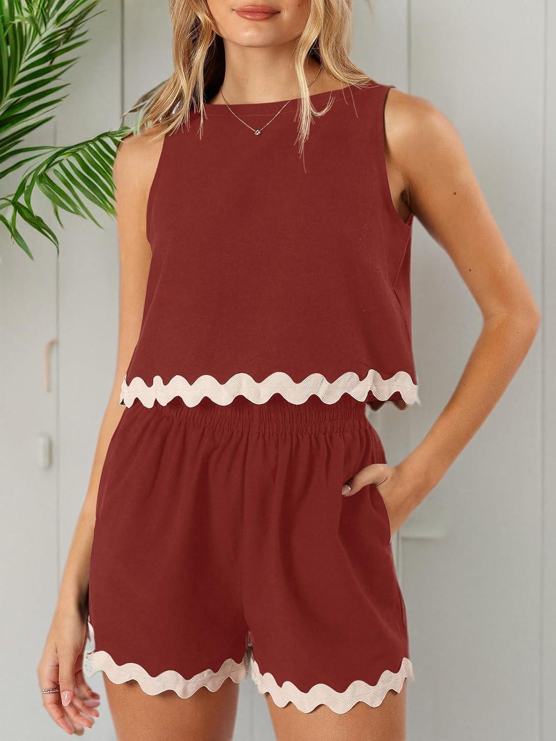 imageTankaneo Womens 2 Piece Vacation Outfits Lounge Sets Casual Cropped Tank Tops Shorts Matching SetWine Red