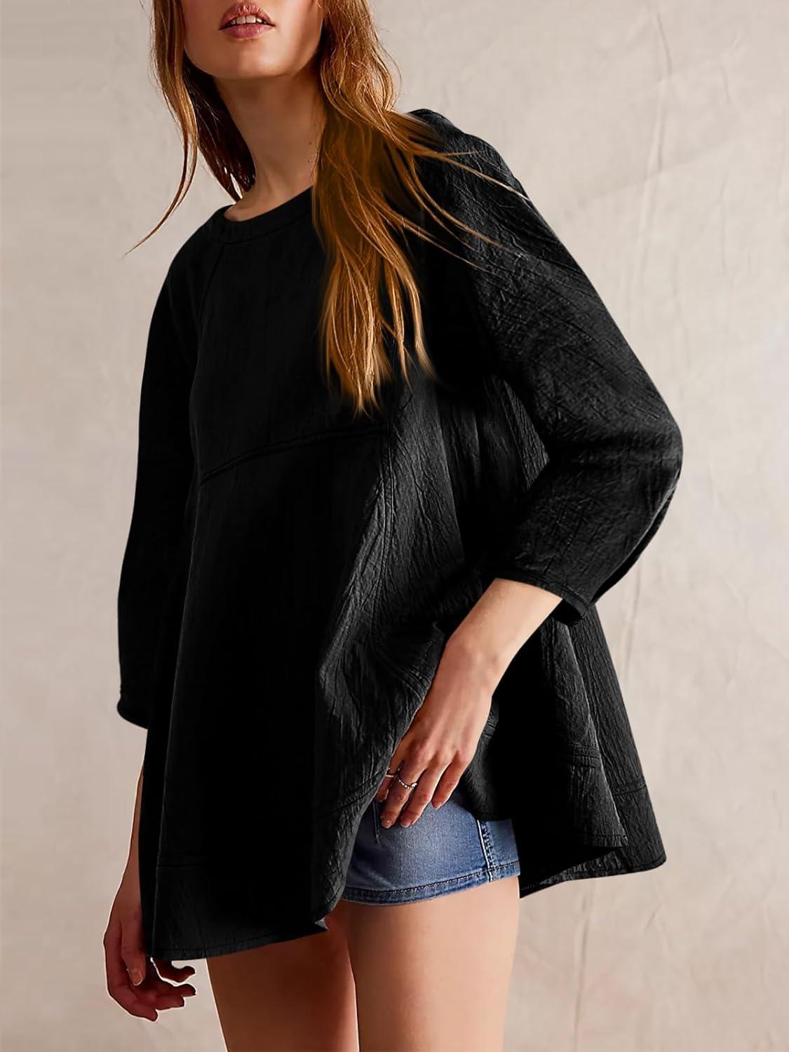 imageTankaneo Womens 34 Sleeve Tunic Tops Casual Summer Peplum Flowy Oversized Babydoll Blouse ShirtsBlack