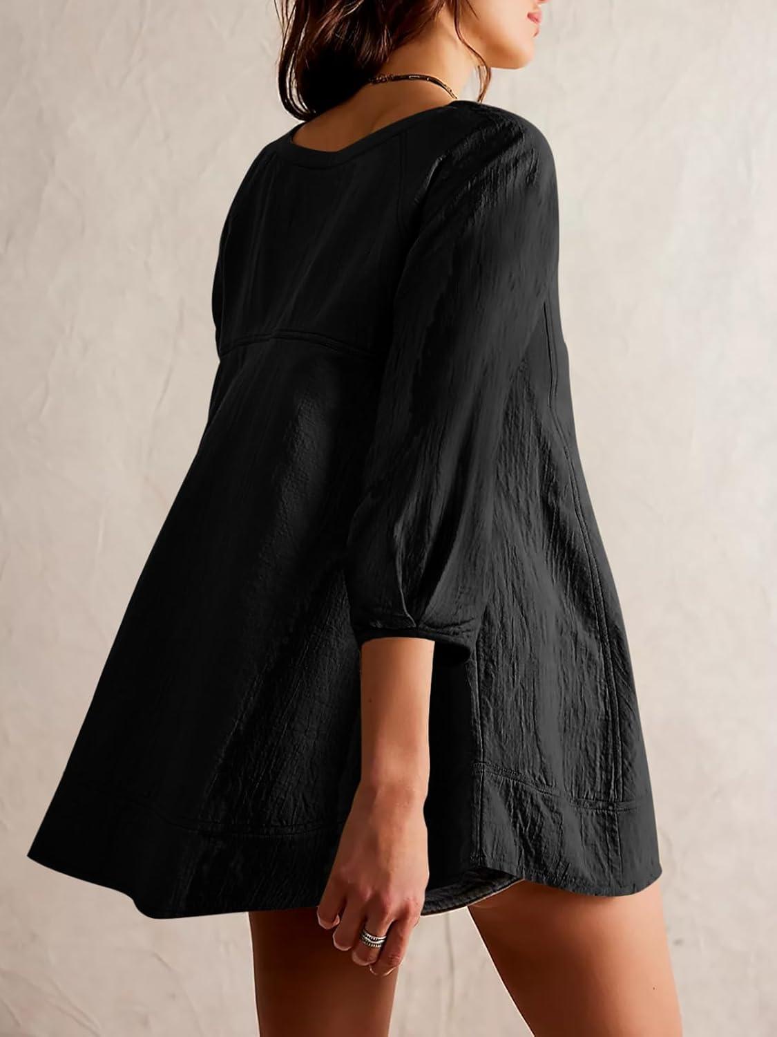 imageTankaneo Womens 34 Sleeve Tunic Tops Casual Summer Peplum Flowy Oversized Babydoll Blouse ShirtsBlack