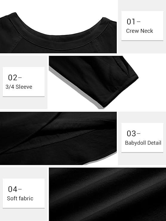 imageTankaneo Womens 34 Sleeve Tunic Tops Casual Summer Peplum Flowy Oversized Babydoll Blouse ShirtsBlack