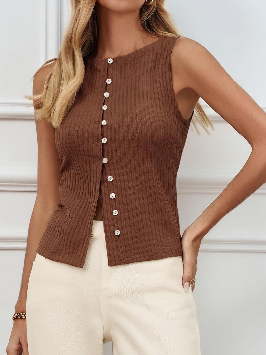 imageTankaneo Womens Button Down Ribbed Tank Tops Cropped Cute Y2k Vest Tops 2025 Summer Going Out OutfitsBrown