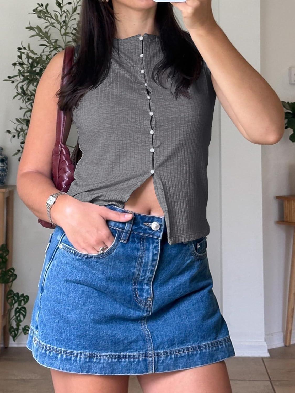 imageTankaneo Womens Button Down Ribbed Tank Tops Cropped Cute Y2k Vest Tops 2025 Summer Going Out OutfitsGrey