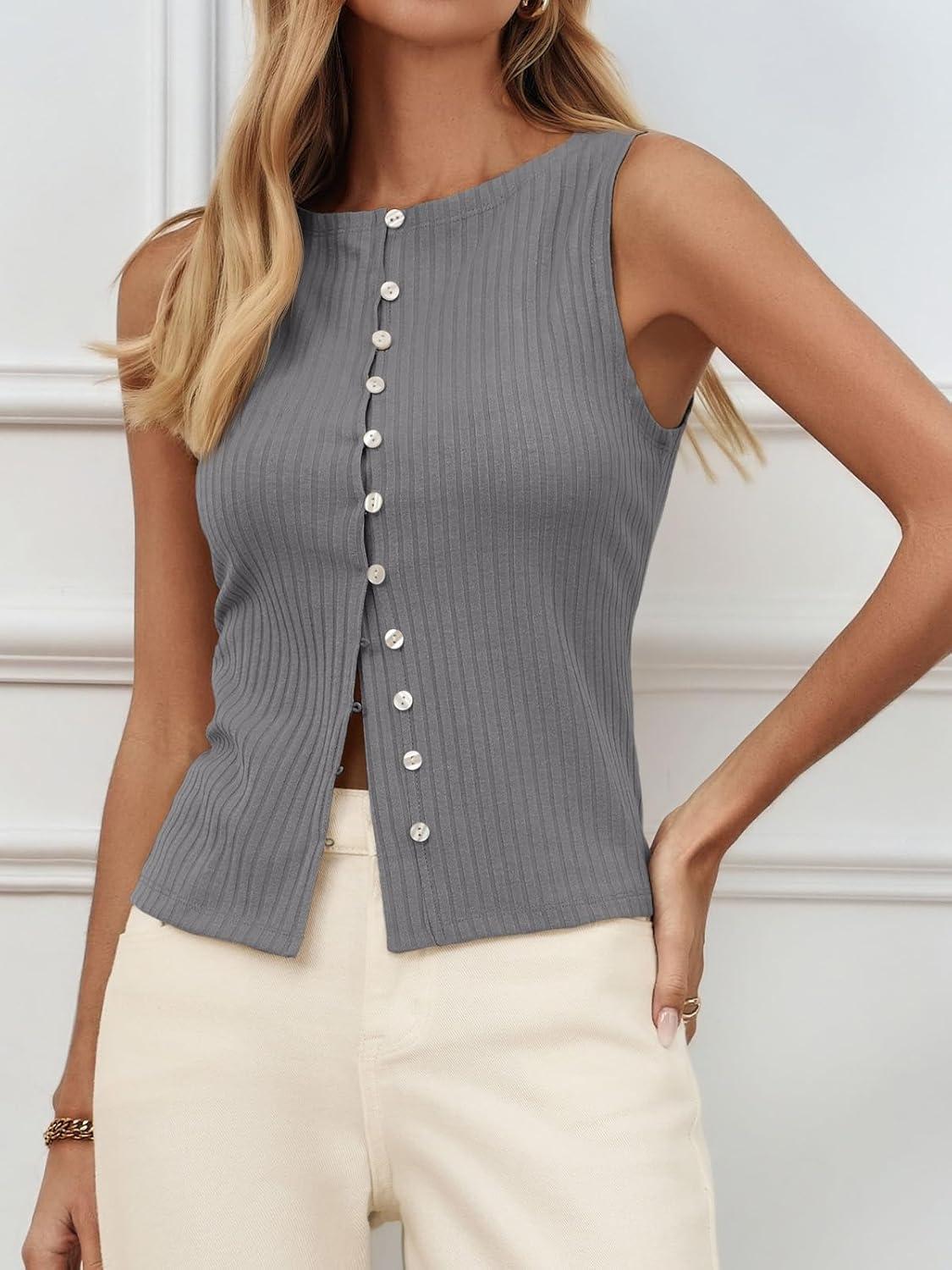 imageTankaneo Womens Button Down Ribbed Tank Tops Cropped Cute Y2k Vest Tops 2025 Summer Going Out OutfitsGrey