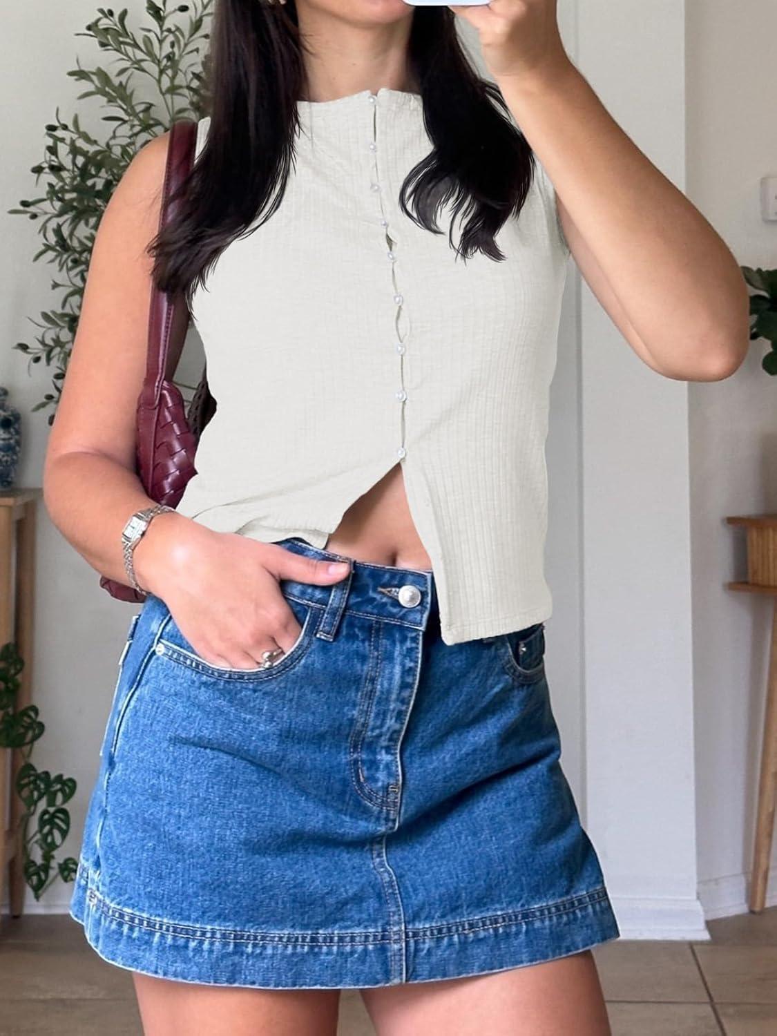 imageTankaneo Womens Button Down Ribbed Tank Tops Cropped Cute Y2k Vest Tops 2025 Summer Going Out OutfitsWhite