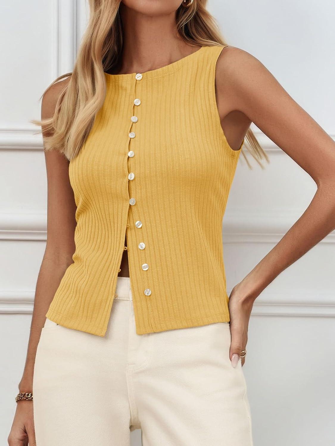 imageTankaneo Womens Button Down Ribbed Tank Tops Cropped Cute Y2k Vest Tops 2025 Summer Going Out OutfitsYellow