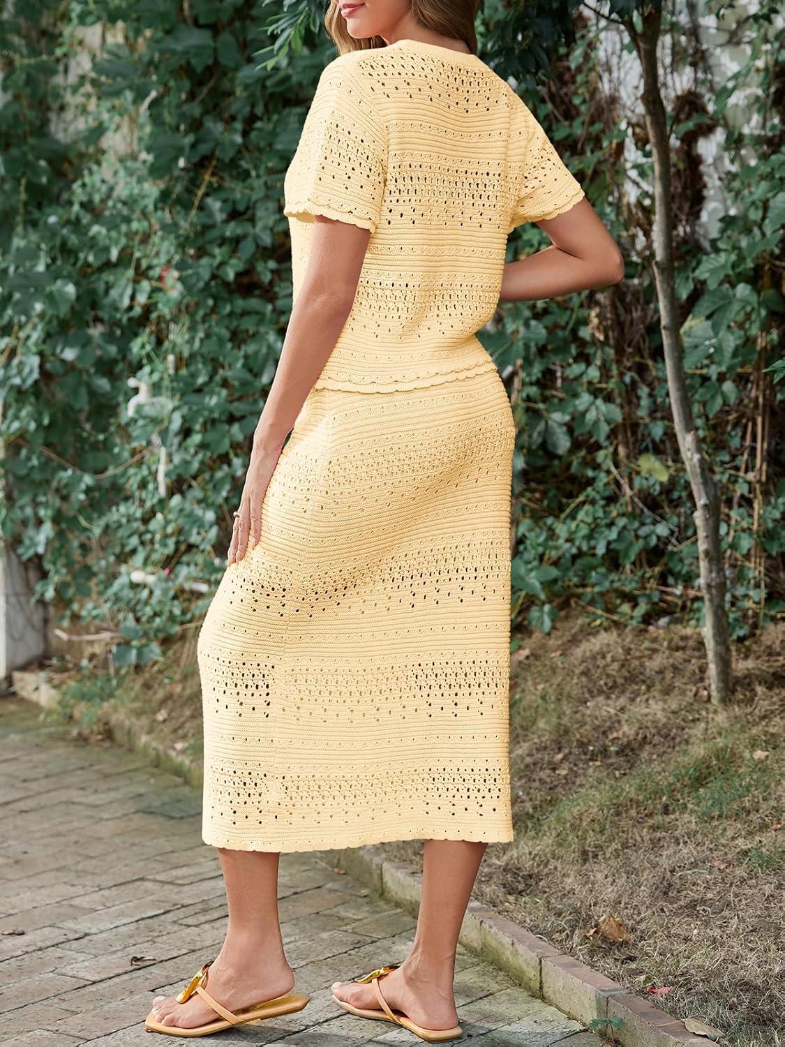 imageTankaneo Womens Crochet Cover Up 2 Piece Skirt Sets Short Sleeve Knit Top Midi Skirt Vacation Travel OutfitsApricot