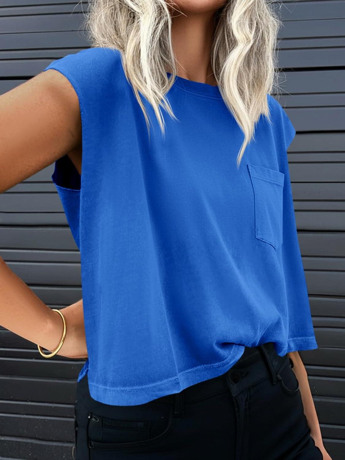 imageTankaneo Womens Crop Tank Top Cap Sleeve Summer Tops Loose Casual Basic Crewneck Shirts with PocketsBlue