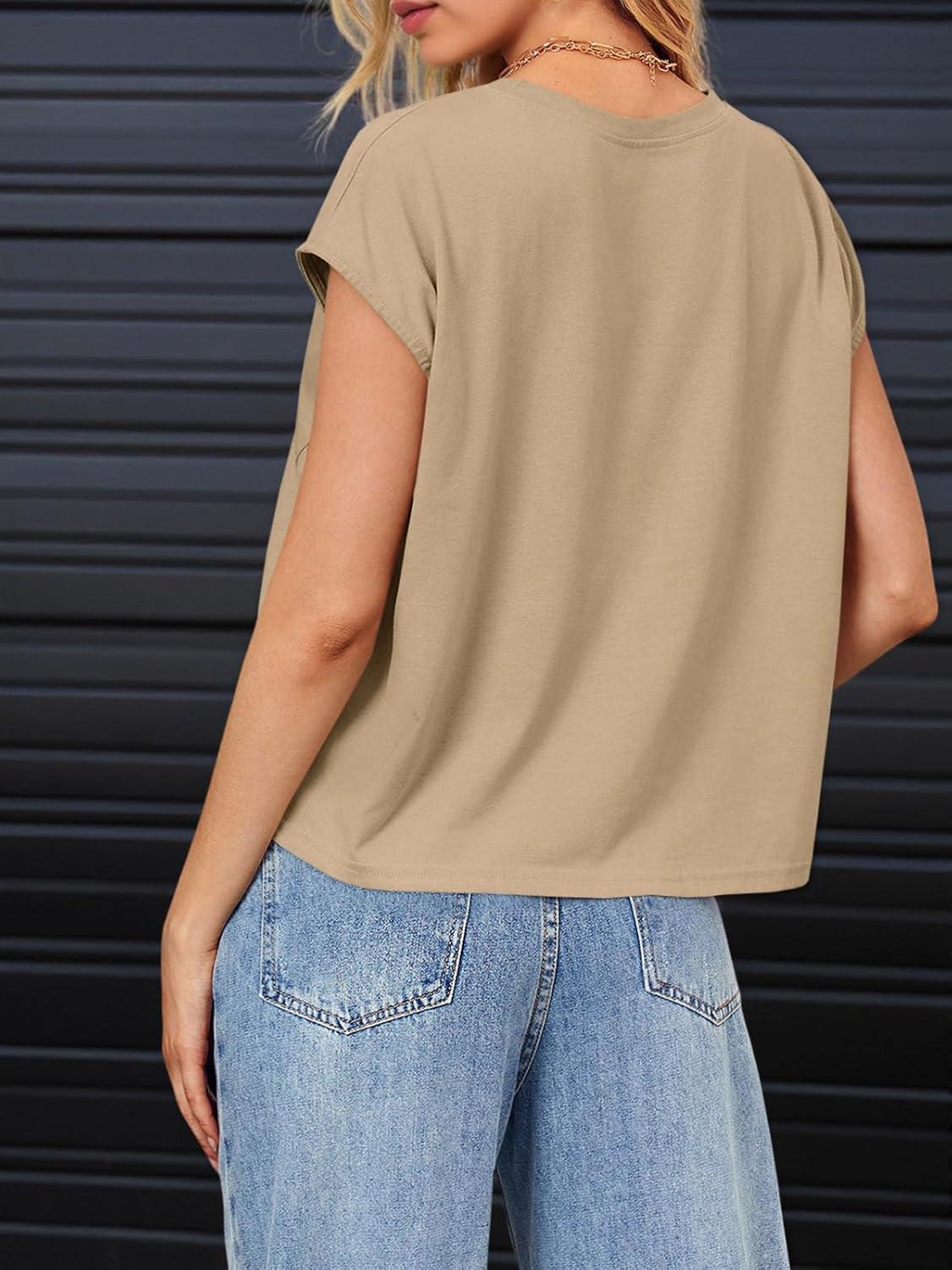 imageTankaneo Womens Crop Tank Top Cap Sleeve Summer Tops Loose Casual Basic Crewneck Shirts with PocketsKhaki