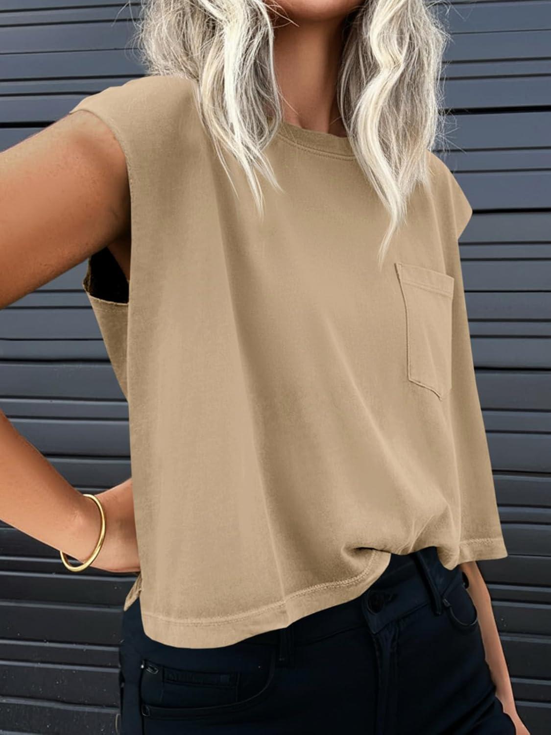 imageTankaneo Womens Crop Tank Top Cap Sleeve Summer Tops Loose Casual Basic Crewneck Shirts with PocketsKhaki