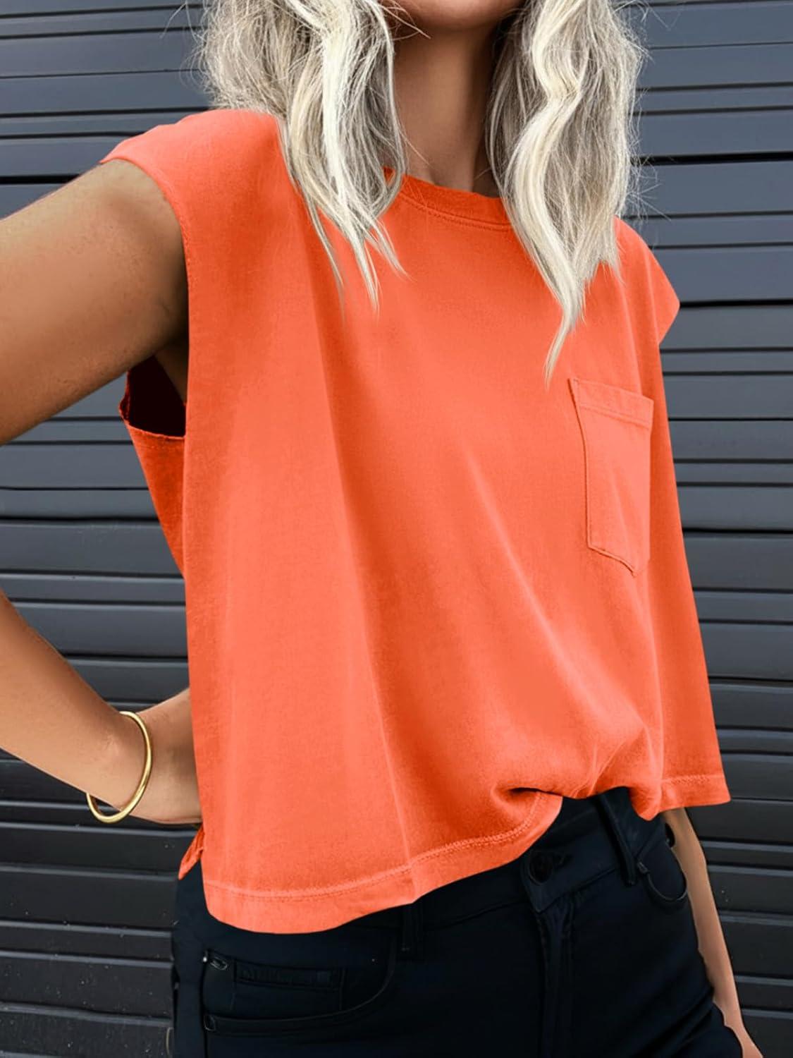 imageTankaneo Womens Crop Tank Top Cap Sleeve Summer Tops Loose Casual Basic Crewneck Shirts with PocketsOrange
