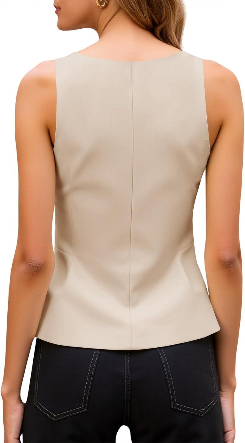 imageTankaneo Womens Deep V Neck Suit Vest Peplum Summer Trendy Sleeveless Fitted Blazer Tank Tops Business Casual BlousesBeige